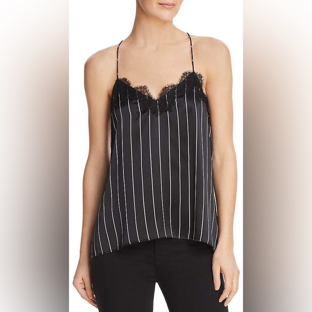 CAMI NYC 100% silk Racer cami in black with whites stripes